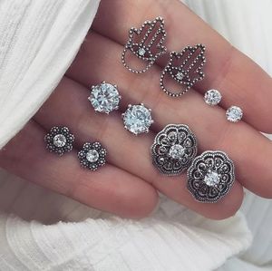 Silver Boho Hamza Hand Earrings Set